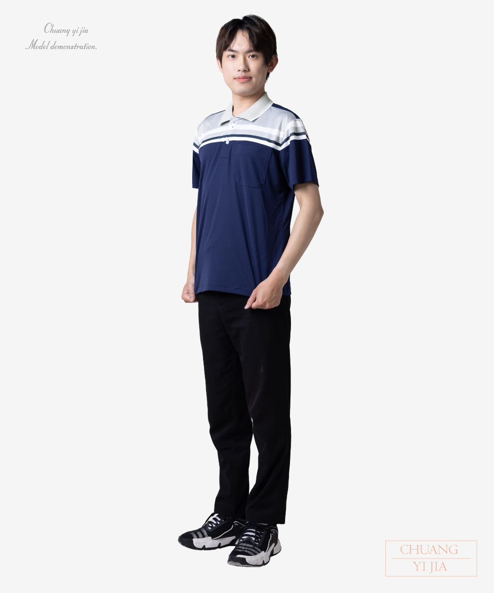 創e家團體服-POLO衫短袖訂製-昇華剪接-丈青配灰 側面