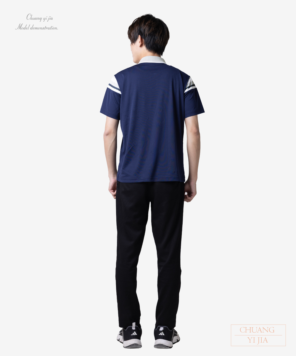 創e家團體服-POLO衫短袖訂製-昇華剪接-丈青配灰 背面
