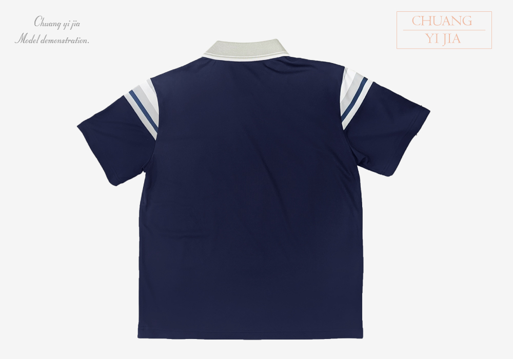 創e家團體服-POLO衫短袖訂製-昇華剪接-丈青配灰 背面平拍