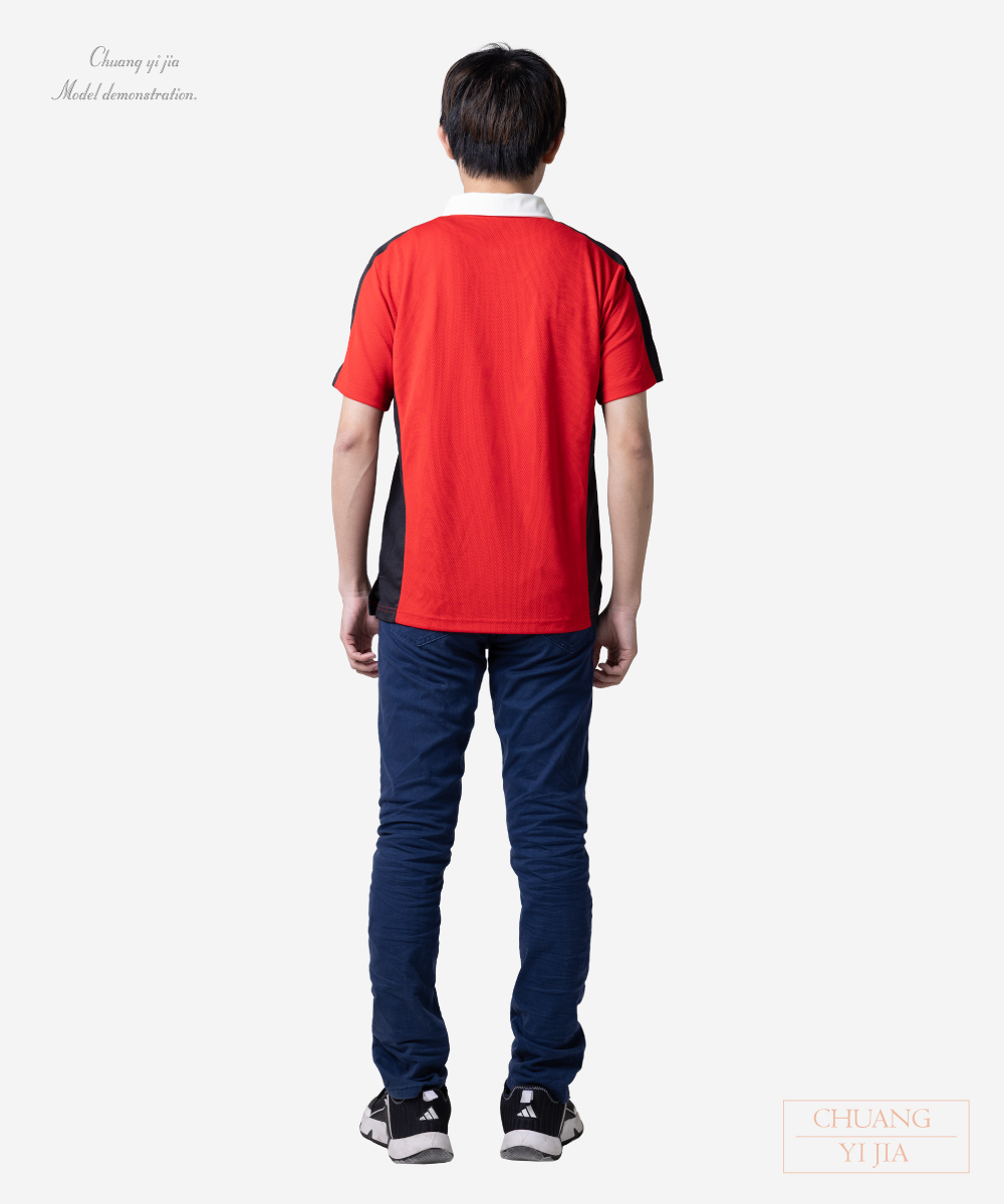 創意家團體服-POLO衫短袖訂製-前胸腰肩袖剪接 紅配白黑 背面