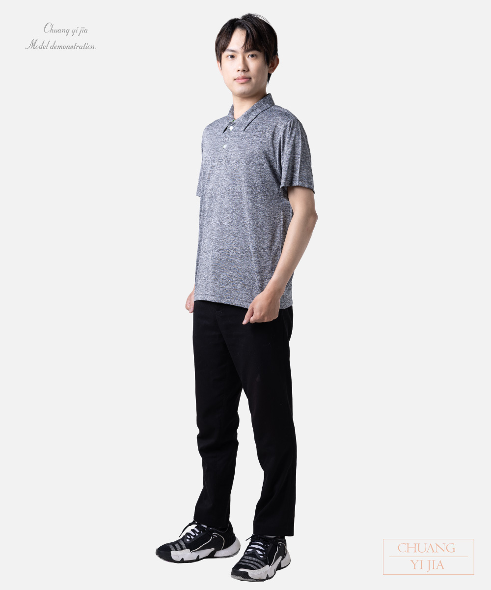 創e家團體服-POLO衫 短袖訂製 麻花灰配螢光綠 側面