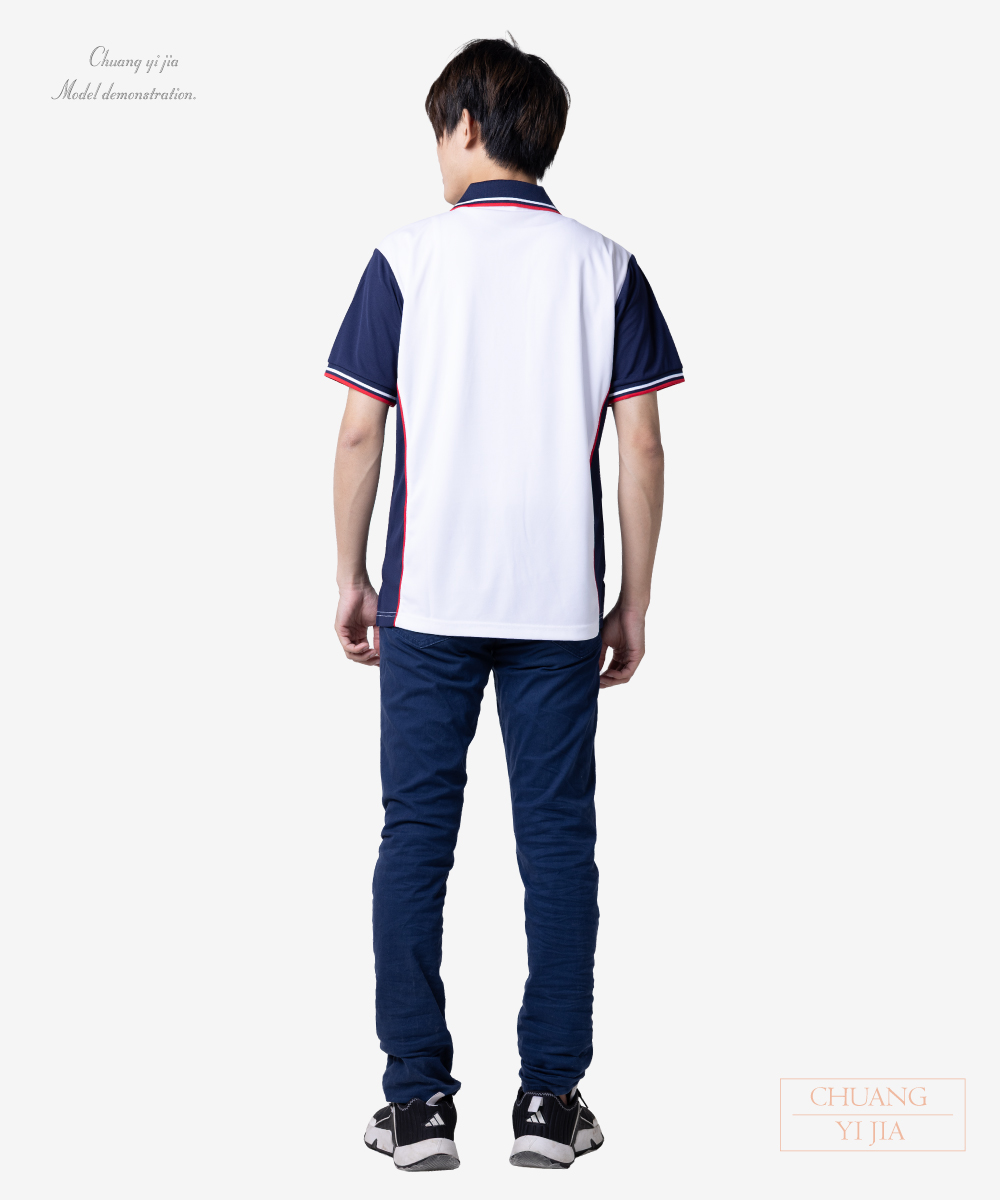 創意家團體服-POLO衫訂製-束口短袖-白配丈青紅 背面