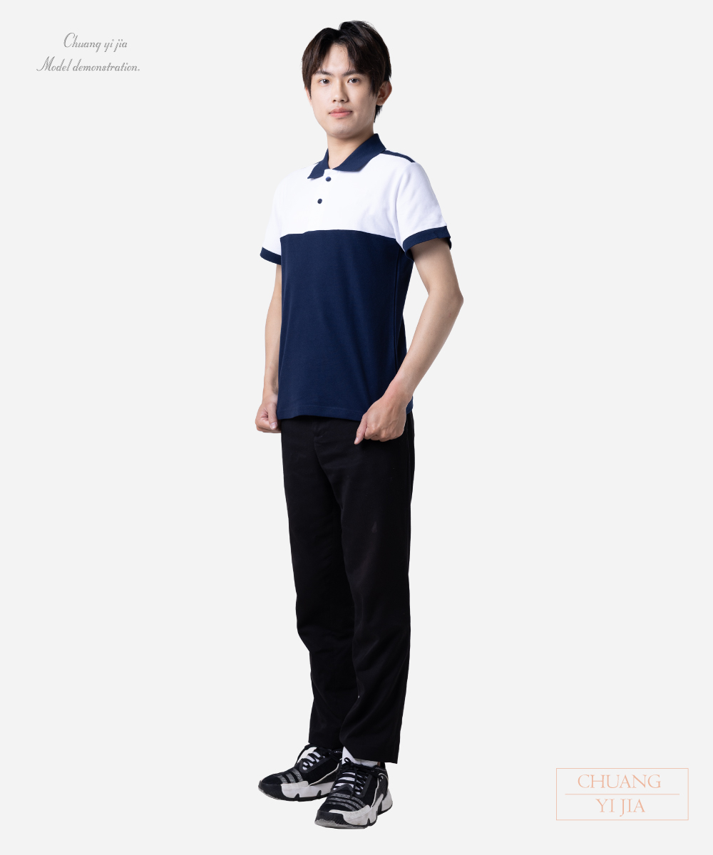 創e家團體服-POLO衫訂製-束口短袖-白配丈青 側面