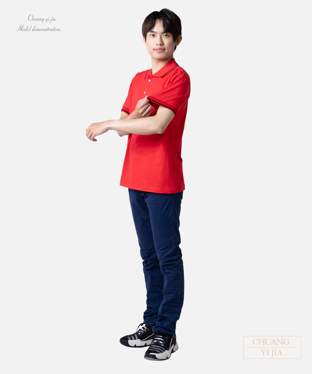 創e家團體服-POLO衫訂製-束口短袖-紅配黑 側面