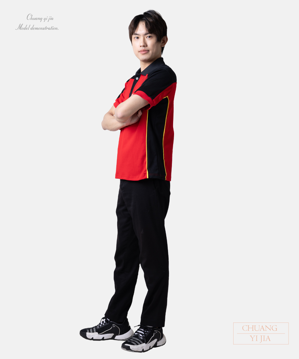 創e家團體服-POLO衫訂製 束口短袖 肩腰側剪接 紅配黑黃 側面