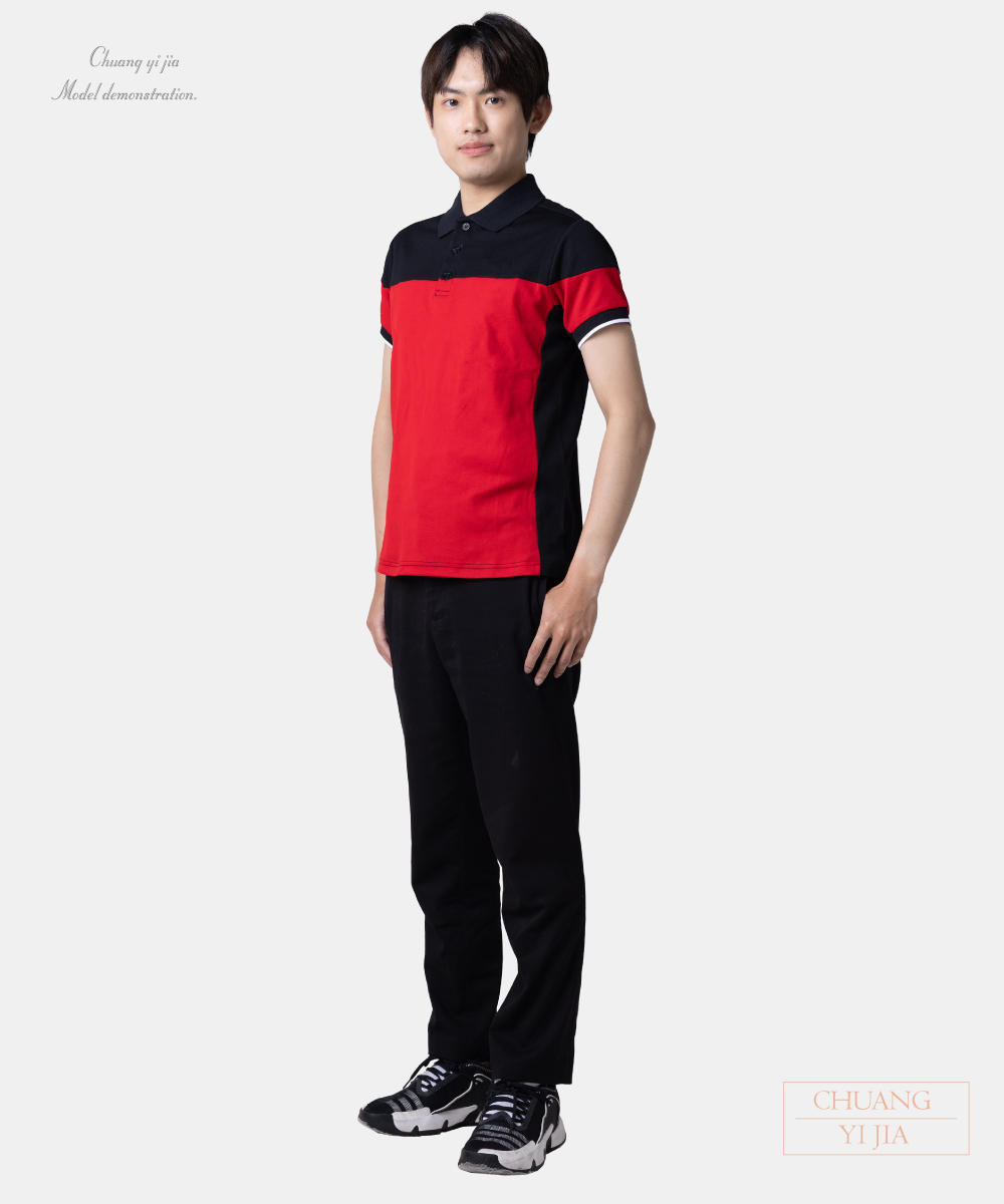 創e家團體服-POLO衫訂製 束口短袖 肩袖腰側剪接 紅配黑白 側面
