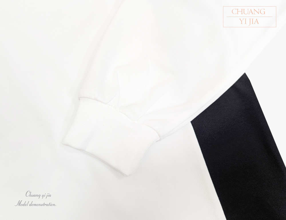 創e家團體服-POLO衫長袖訂製-腰側前後剪接-白配桔黑 袖子束口