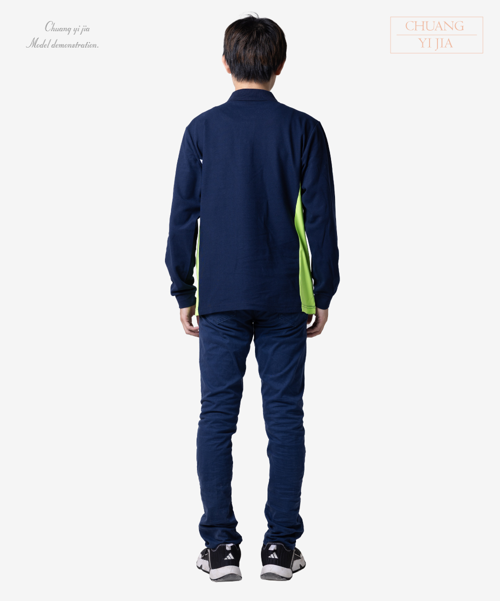 創e家團體服-POLO衫長袖訂製-腰側前後剪接-白配桔黑 背面
