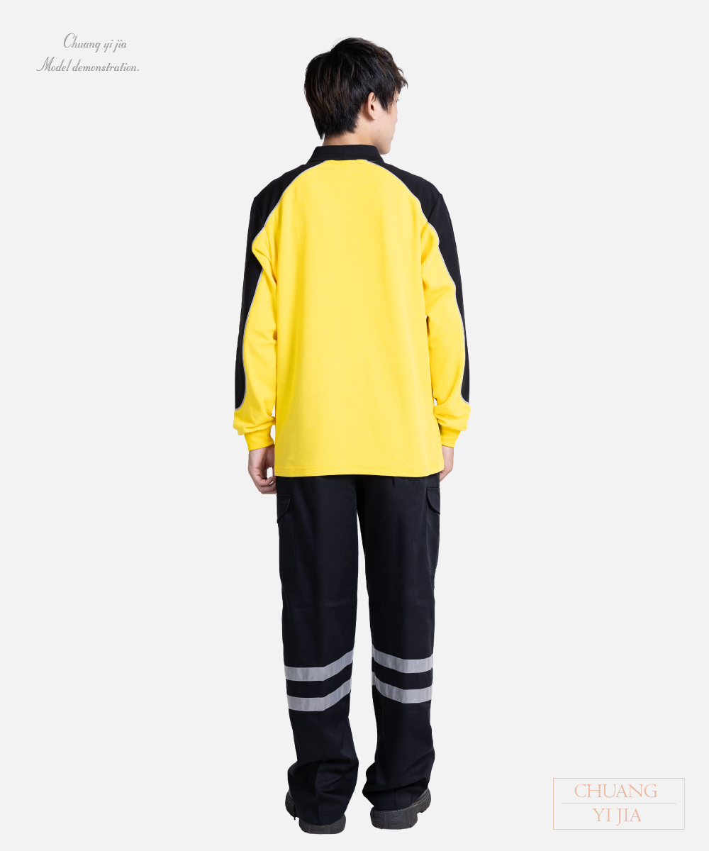 創e家團體服-POLO衫長袖訂製-肩膀腰側剪接出芽-黃配黑灰 背面