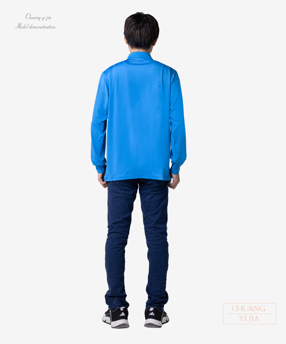 創意家團體服-POLO衫長袖訂製-斜剪接-丈青配藍-背面