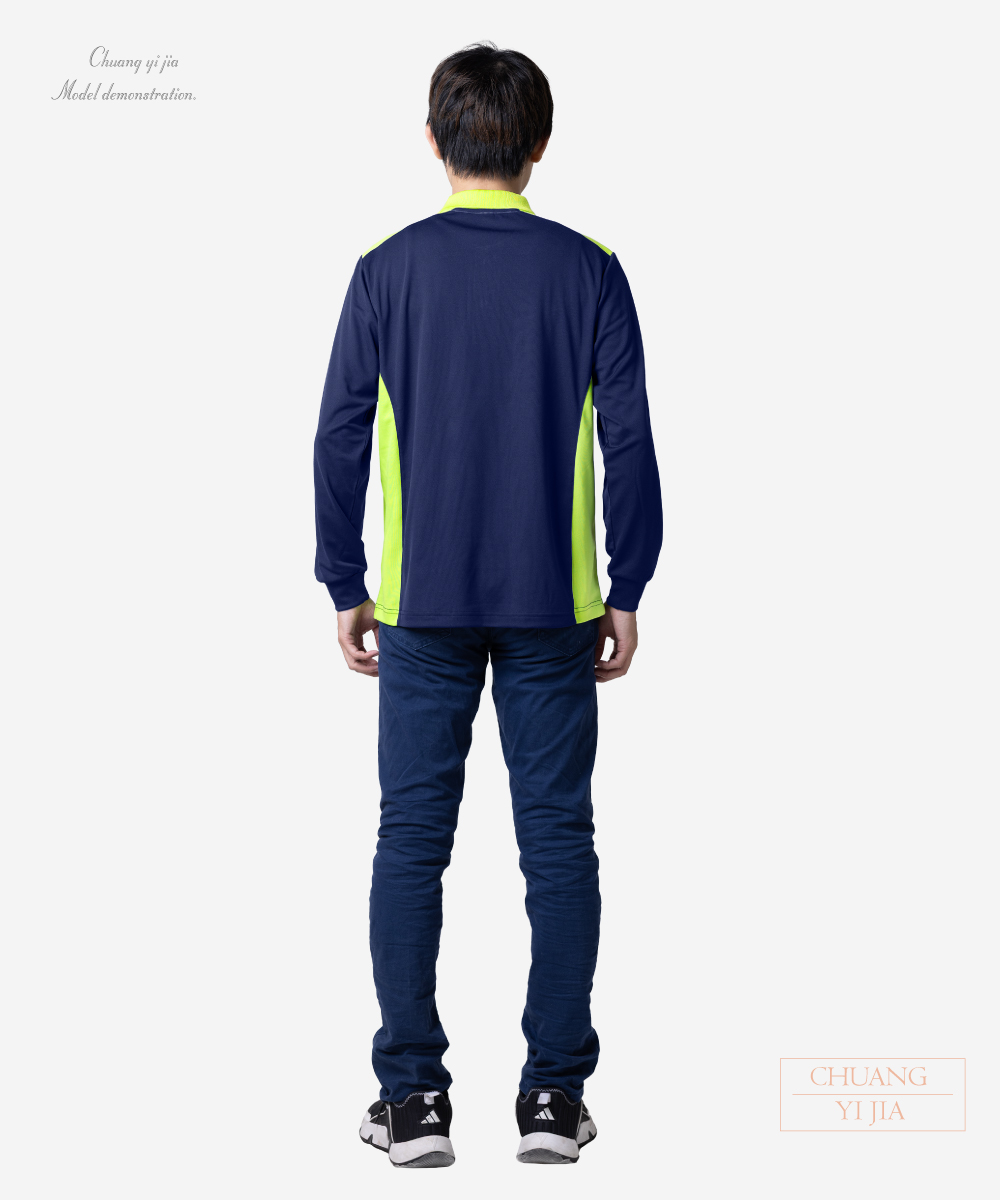 創意家團體服-POLO衫長袖訂製-丈青配綠白-背面