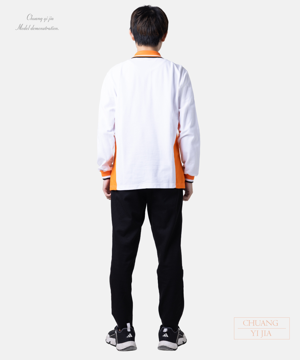 創e家團體服-POLO衫長袖訂製-白配橘黑-背面