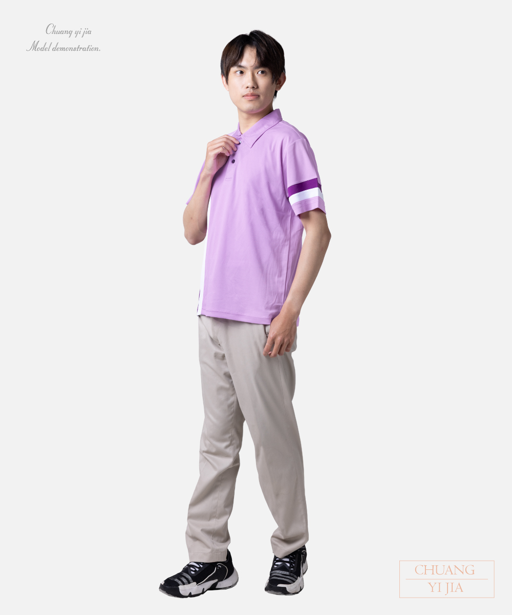 創e家團體服-POLO衫短袖訂製-粉紫配特紫白 側面