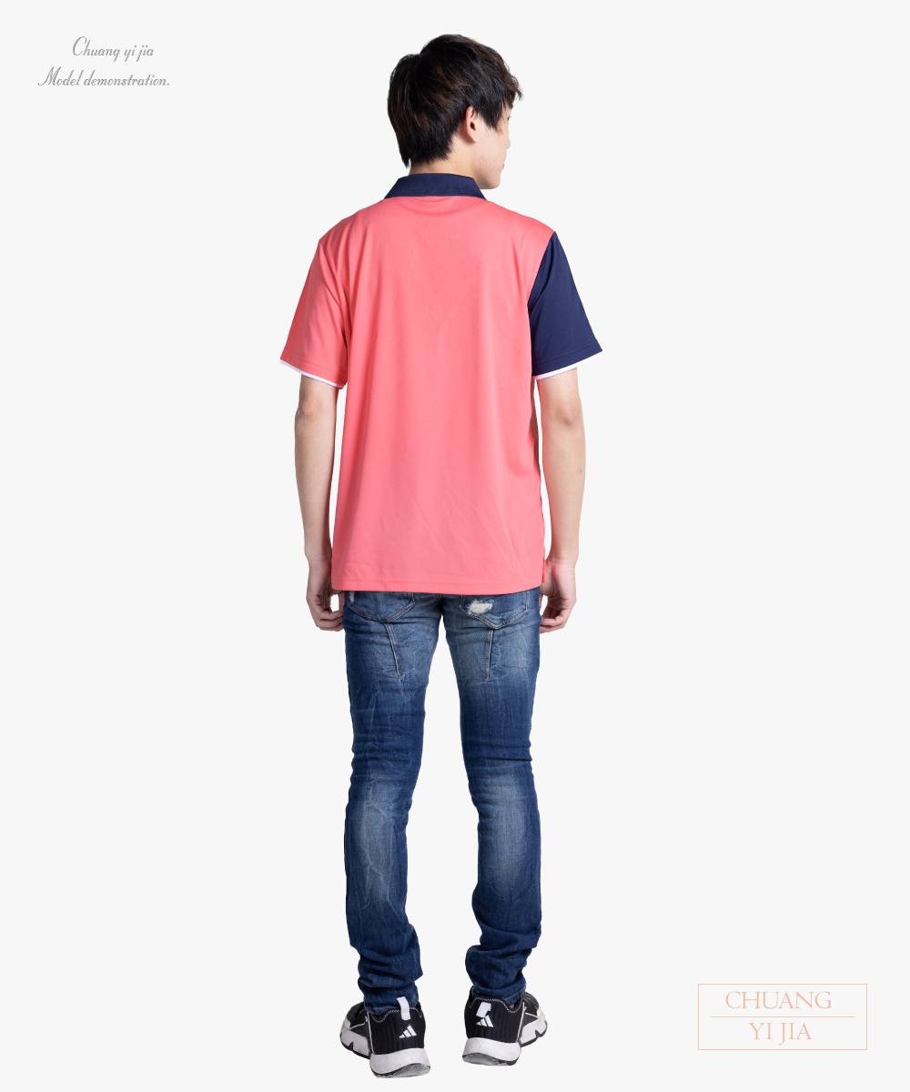 創e家團體服-POLO衫訂製短袖斜片剪接造型雙袖款-粉桔配丈青白 側面