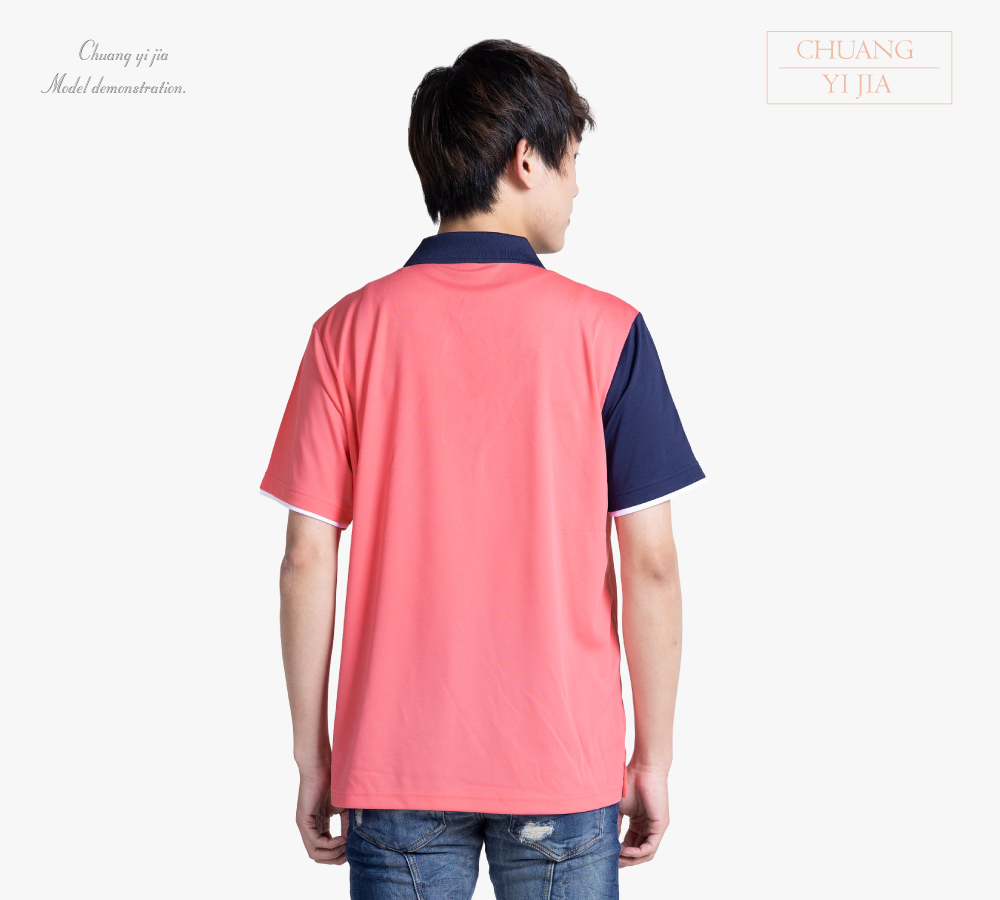 創意家團體服-POLO衫訂製短袖｜斜片剪接造型｜雙袖款-粉桔配丈青白-背面示意