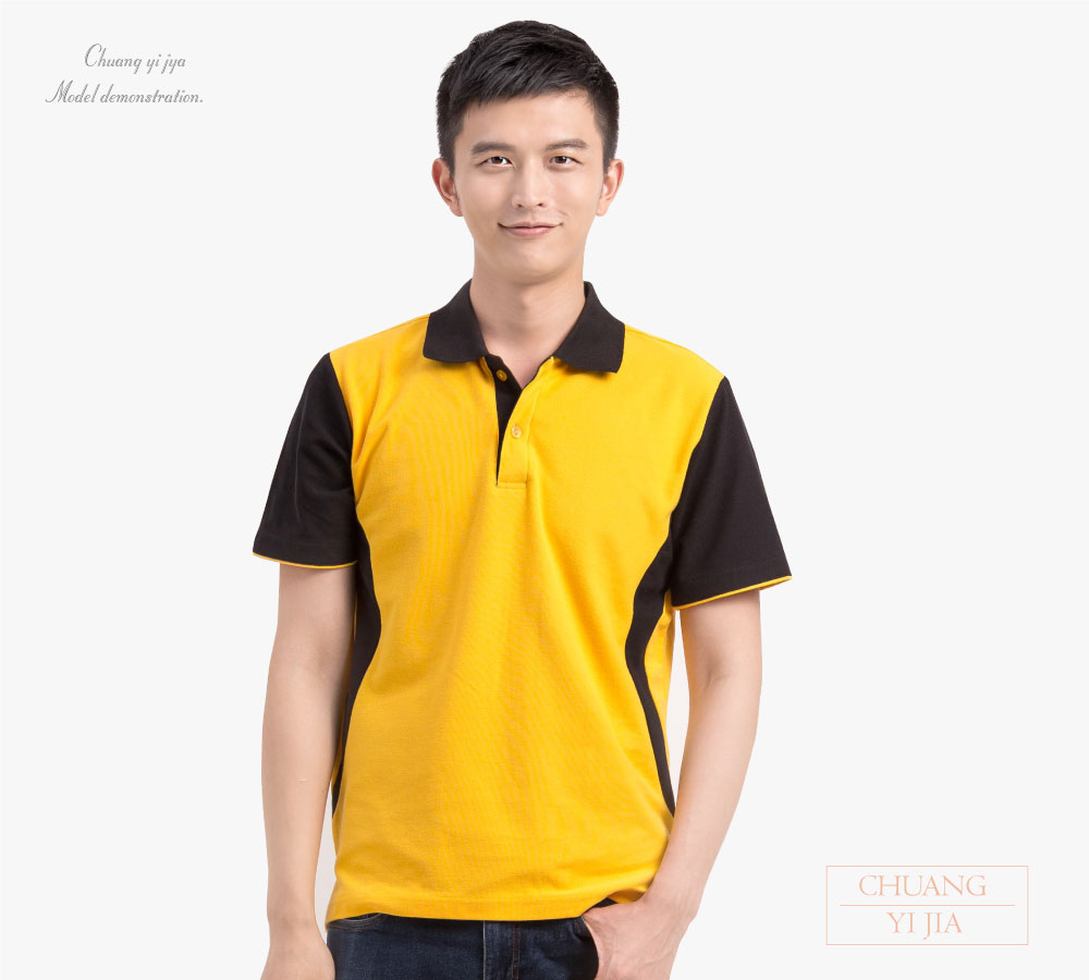 創e家團體服-POLO衫訂製短袖斜片剪接造型雙袖款-黃配黑