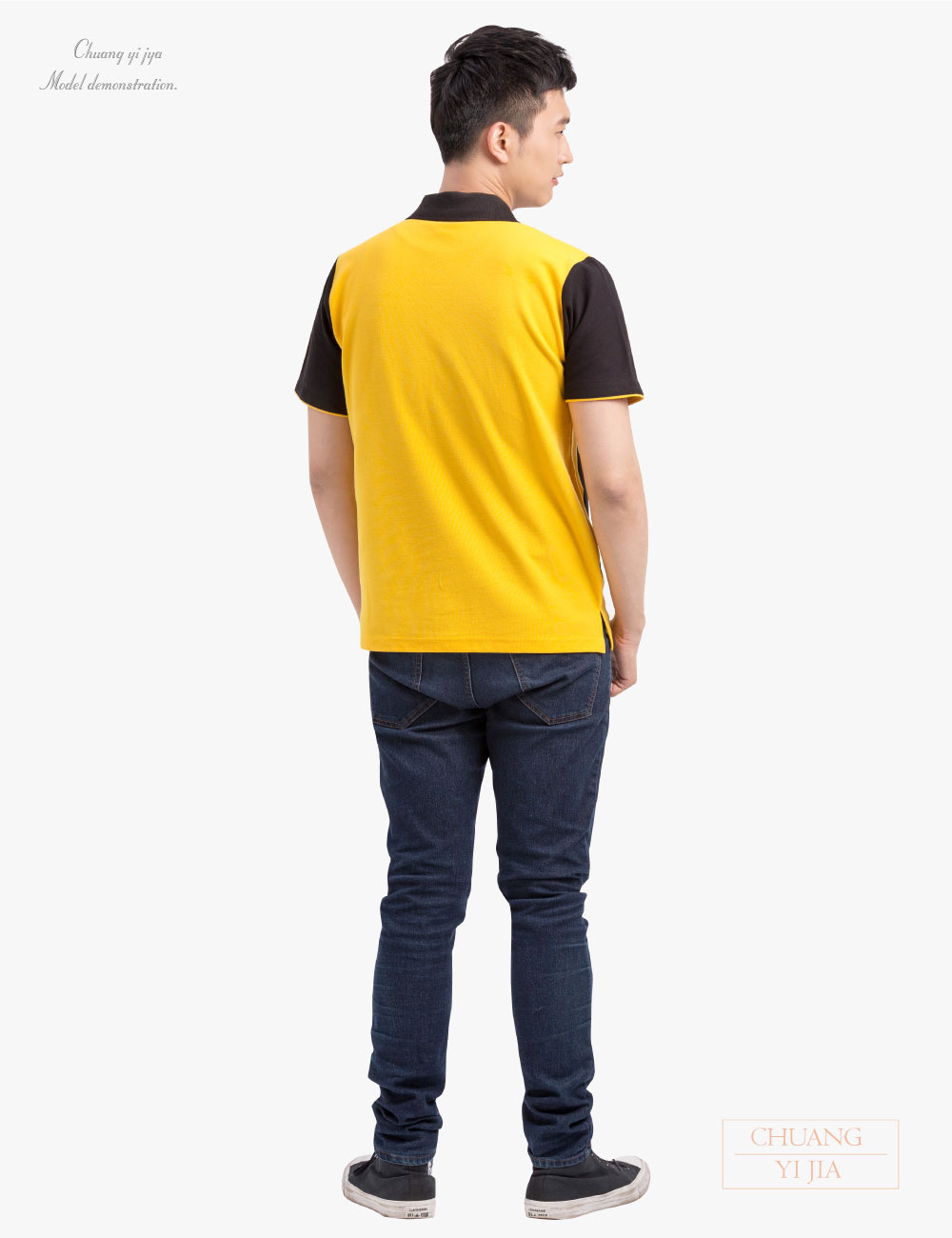 創e家團體服-POLO衫訂製短袖斜片剪接造型雙袖款-黃配黑