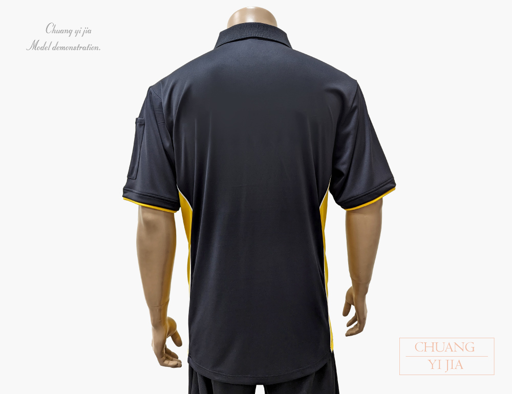創e家團體服-POLO衫短袖訂製造型接片雙袖款-黑配黃白 背面