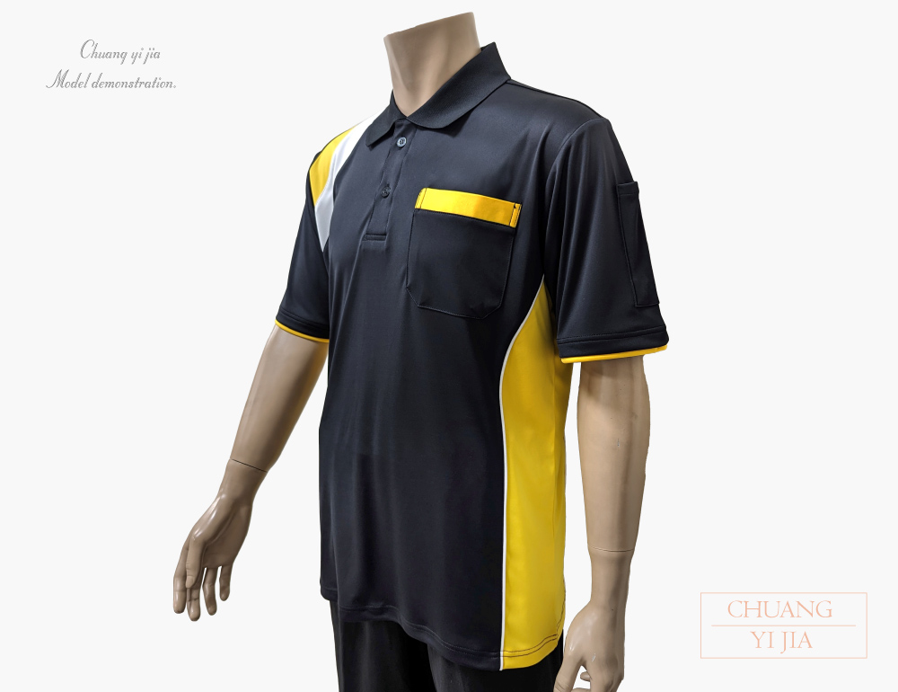 創e家團體服-POLO衫短袖訂製造型接片雙袖款-黑配黃白 側面