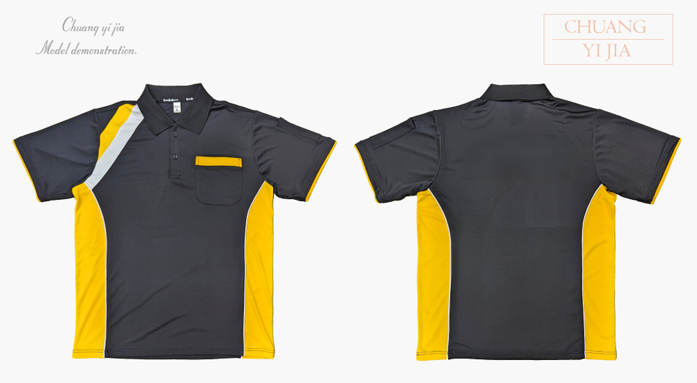 創e家團體服-POLO衫短袖訂製造型接片雙袖款-黑配黃白 平拍