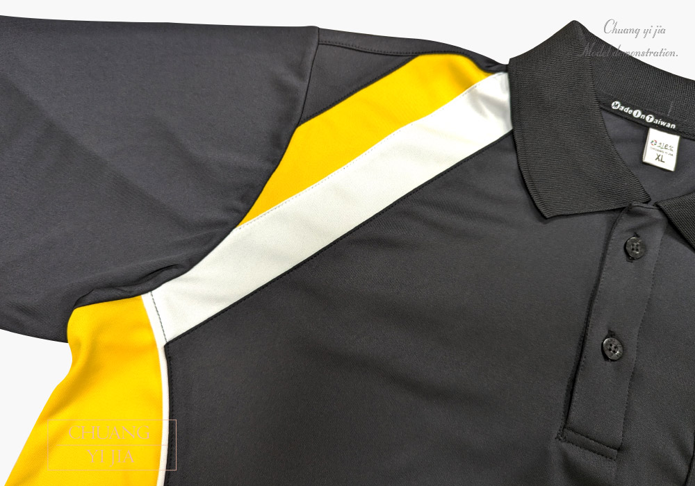 創e家團體服-POLO衫短袖訂製造型接片雙袖款-黑配黃白 右肩接片