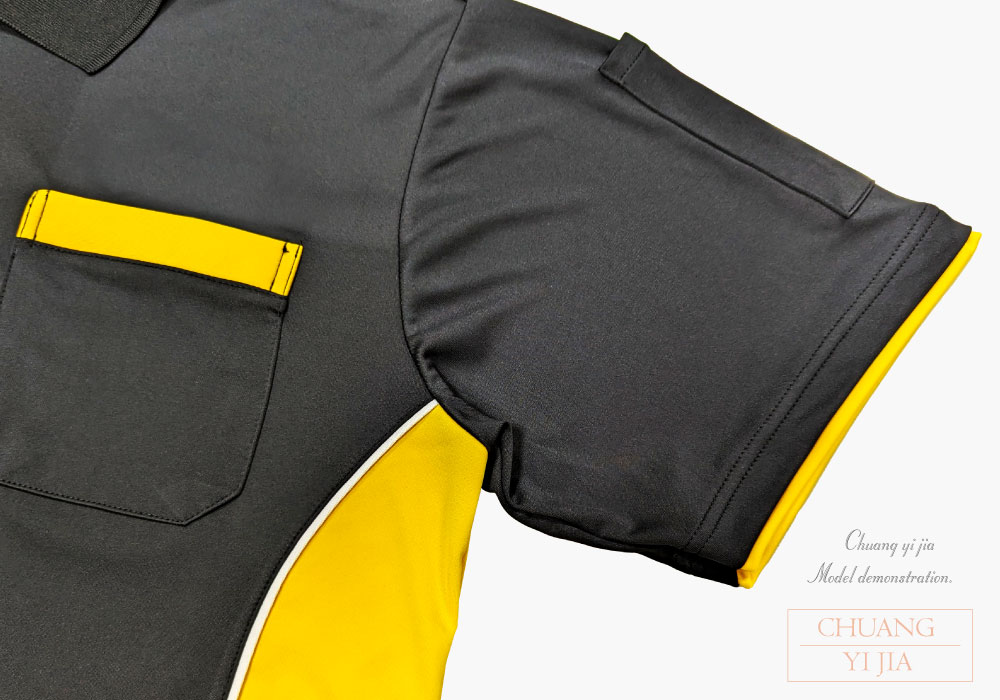 創e家團體服-POLO衫短袖訂製造型接片雙袖款-黑配黃白 假兩件袖口