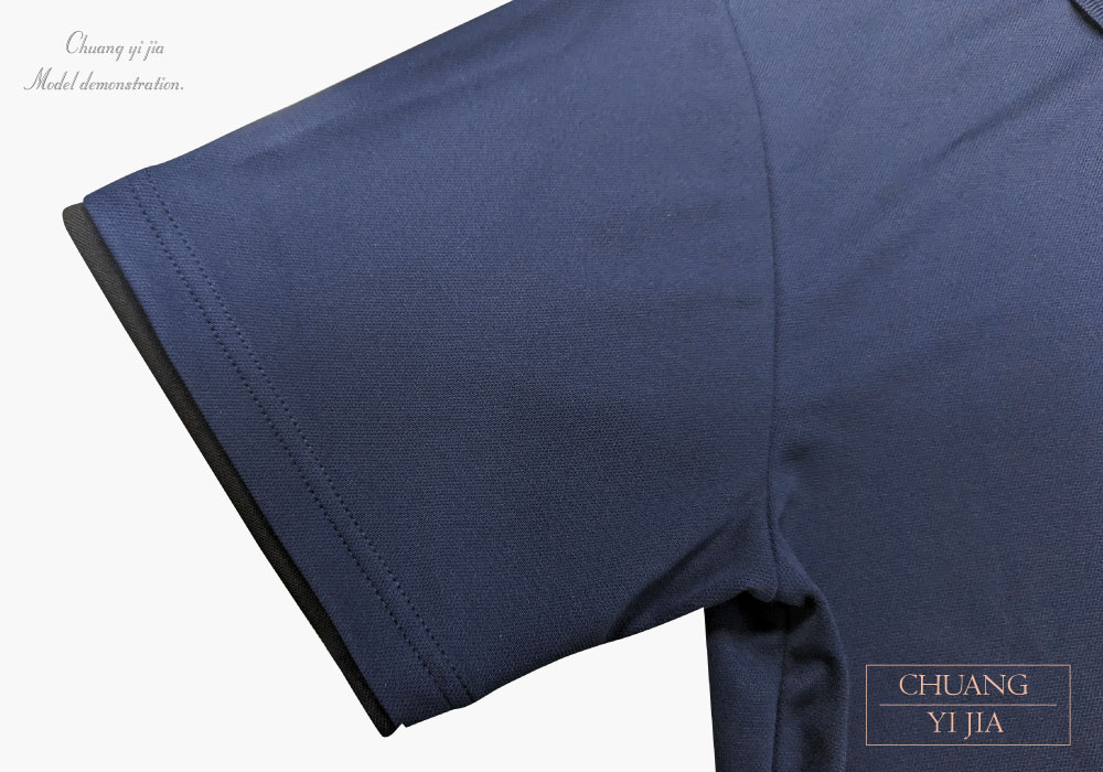 創e家團體服-POLO衫訂製中性短袖-雙領雙袖丈青配黑 假兩件雙袖