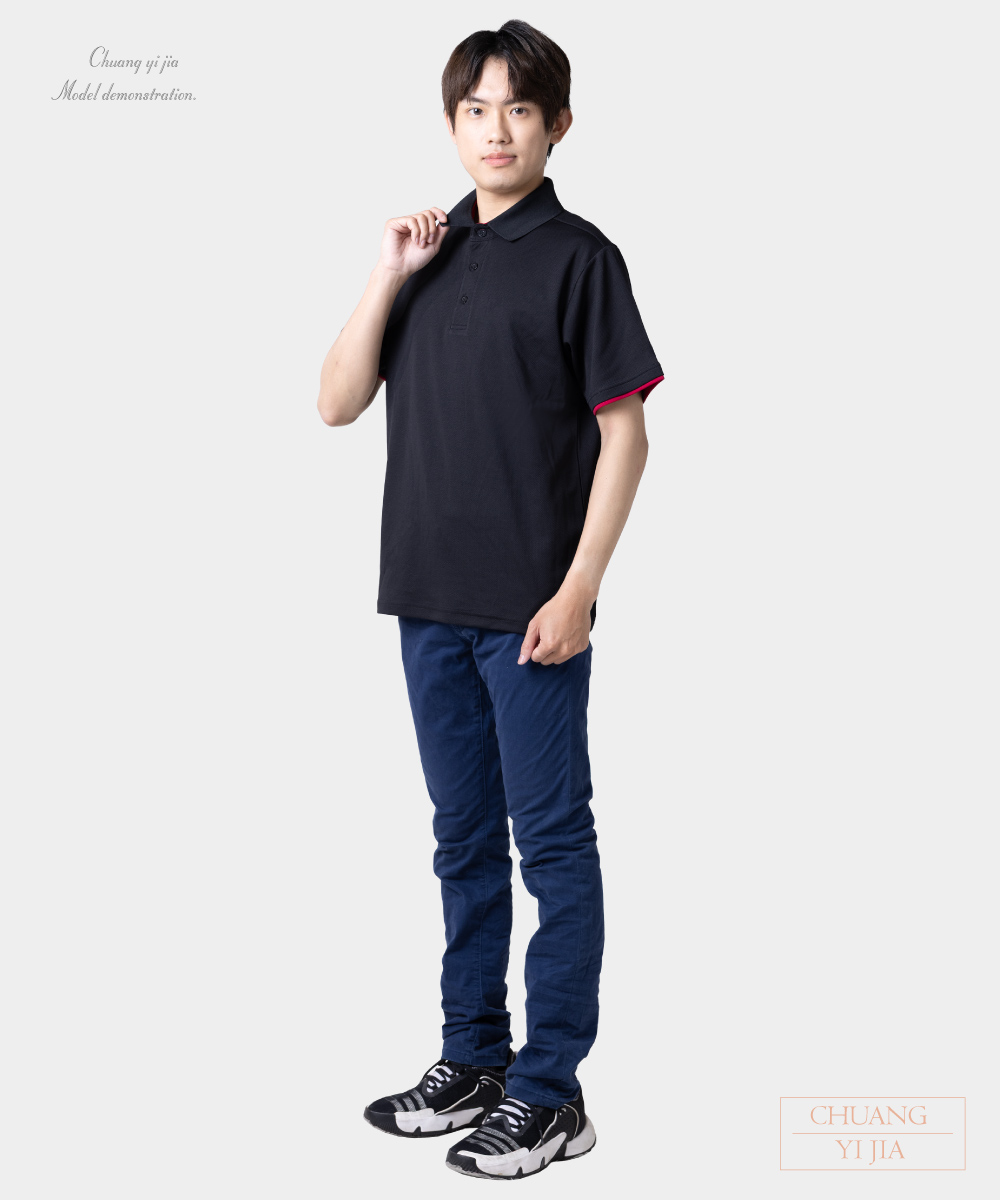 創e家團體服-POLO衫短袖訂製 領座雙袖 黑配酒紅 側面