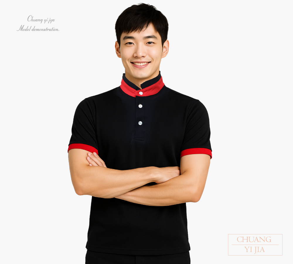 創意家團體服-POLO衫訂製斜袖中性|立領上下領接袖|黑配紅-正面示意