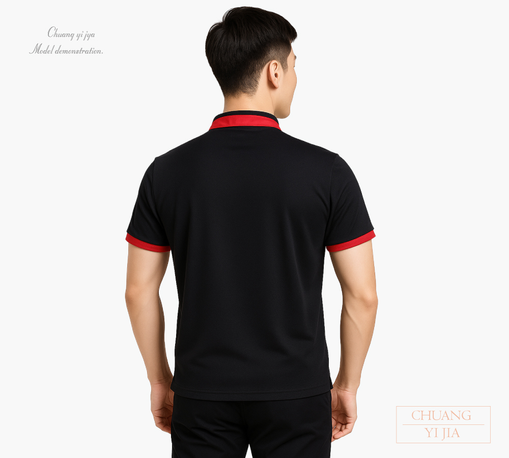 創意家團體服-POLO衫訂製斜袖中性|立領上下領接袖|黑配紅-背面示意