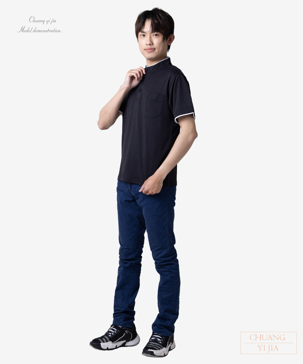 創e家團體服-POLO衫短袖訂製 立領出芽雙袖 黑配白 側面