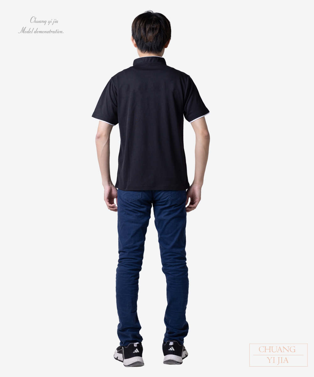 創e家團體服-POLO衫短袖訂製 立領出芽雙袖 黑配白 背面