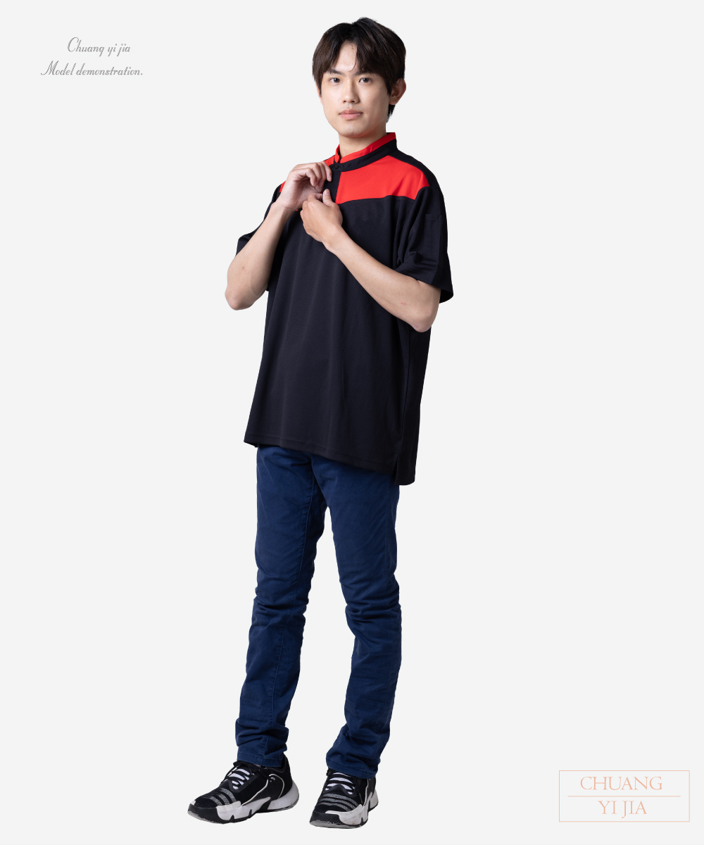 創e家團體服-POLO衫短袖訂製 立領接領前剪接 黑配紅側面