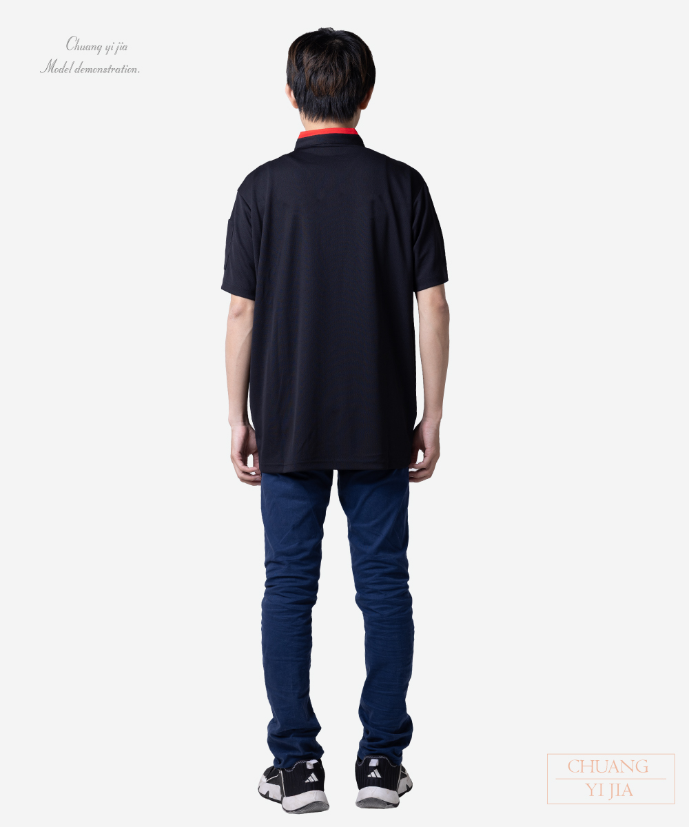 創e家團體服-POLO衫短袖訂製 立領接領前剪接 黑配紅背面