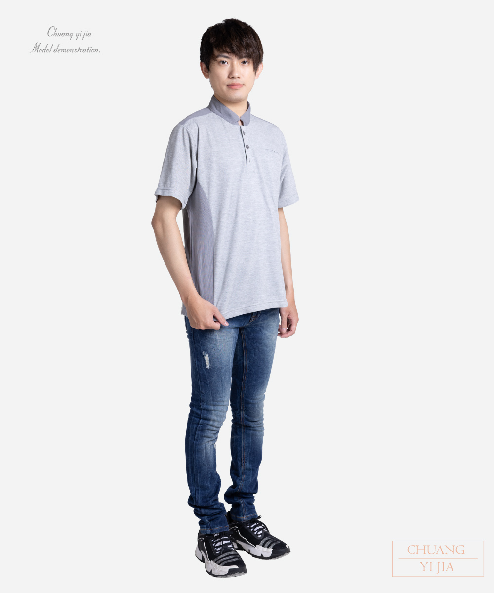 創e家團體服-POLO衫短袖訂製 立領 麻灰配灰 側面