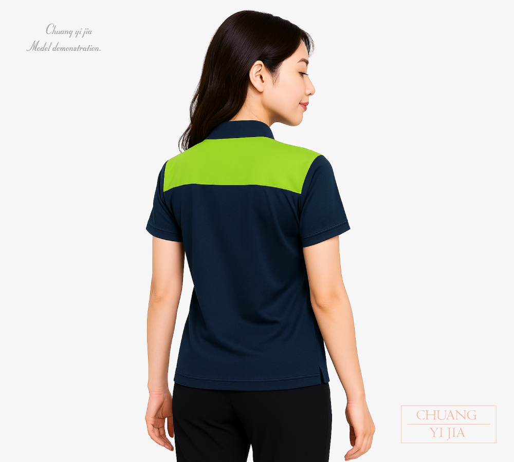 創意家團體服-POLO訂製 短袖｜前胸V型斜剪接｜丈青配果綠-背面示意