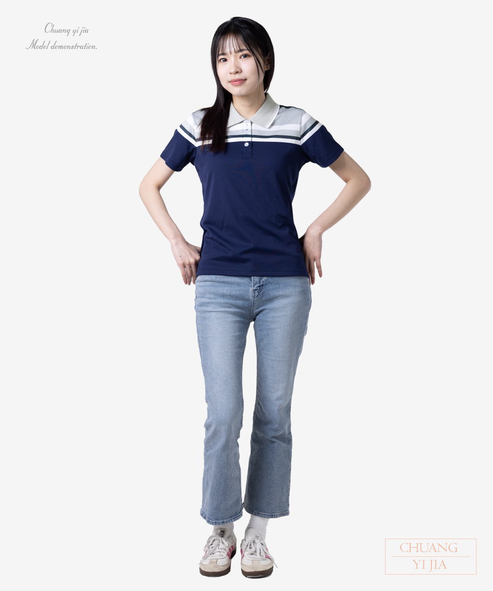創e家團體服-POLO衫短袖訂製-昇華剪接-丈青配灰 正面