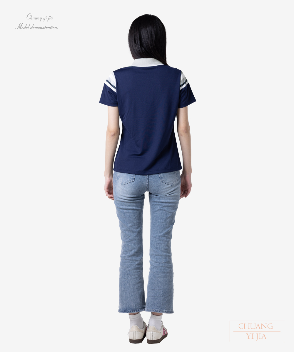 創e家團體服-POLO衫短袖訂製-昇華剪接-丈青配灰 背面