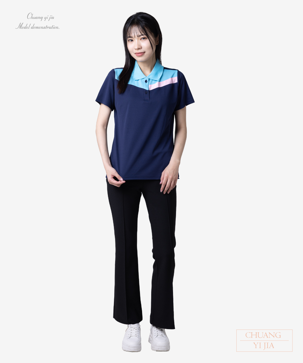創e家團體服-POLO訂製 短袖 前胸V型斜剪接-丈青配天藍粉 正面