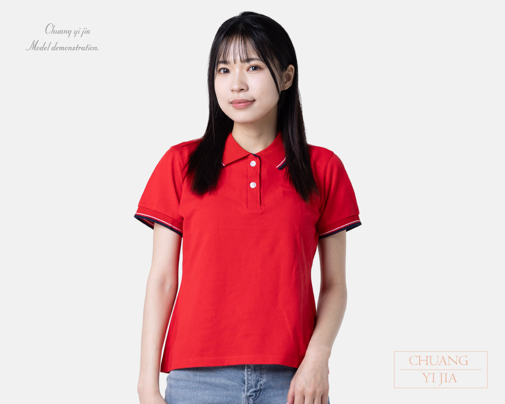 創e家團體服-POLO訂製  腰身版 束口短袖 紅配黑白 正面