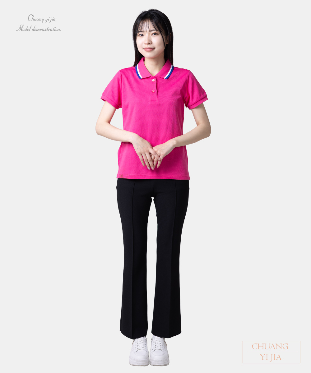 創e家團體服-POLO訂製-腰身版束口-桃紅配白寶藍 正面