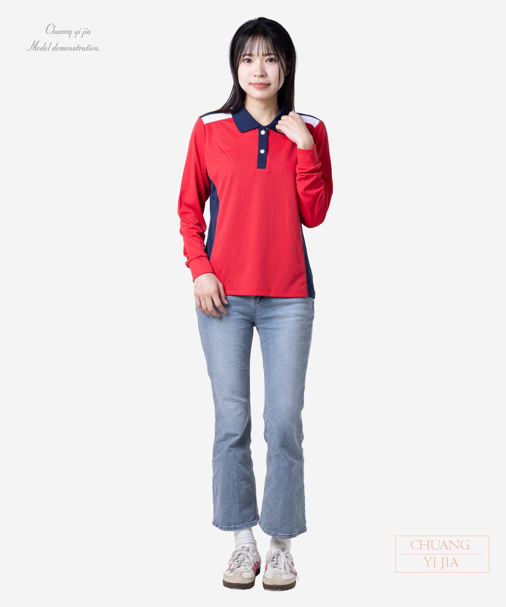 創e家團體服-POLO衫長袖訂製-紅配丈青白-正面