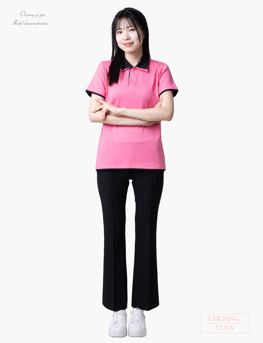 創e家團體服-POLO衫訂製 腰身短袖-雙領雙袖雙下擺-桃紅配黑 正面