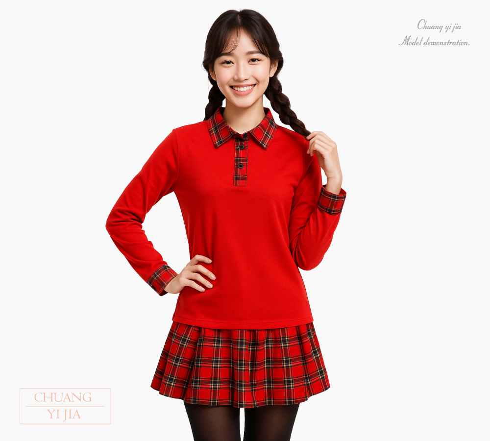 創意家團體服-POLO衫 訂製款｜假兩件 長袖  腰身｜大紅配格紋-正面示意