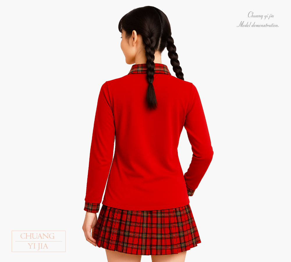 創意家團體服-POLO衫 訂製款｜假兩件 長袖  腰身｜大紅配格紋-背面示意