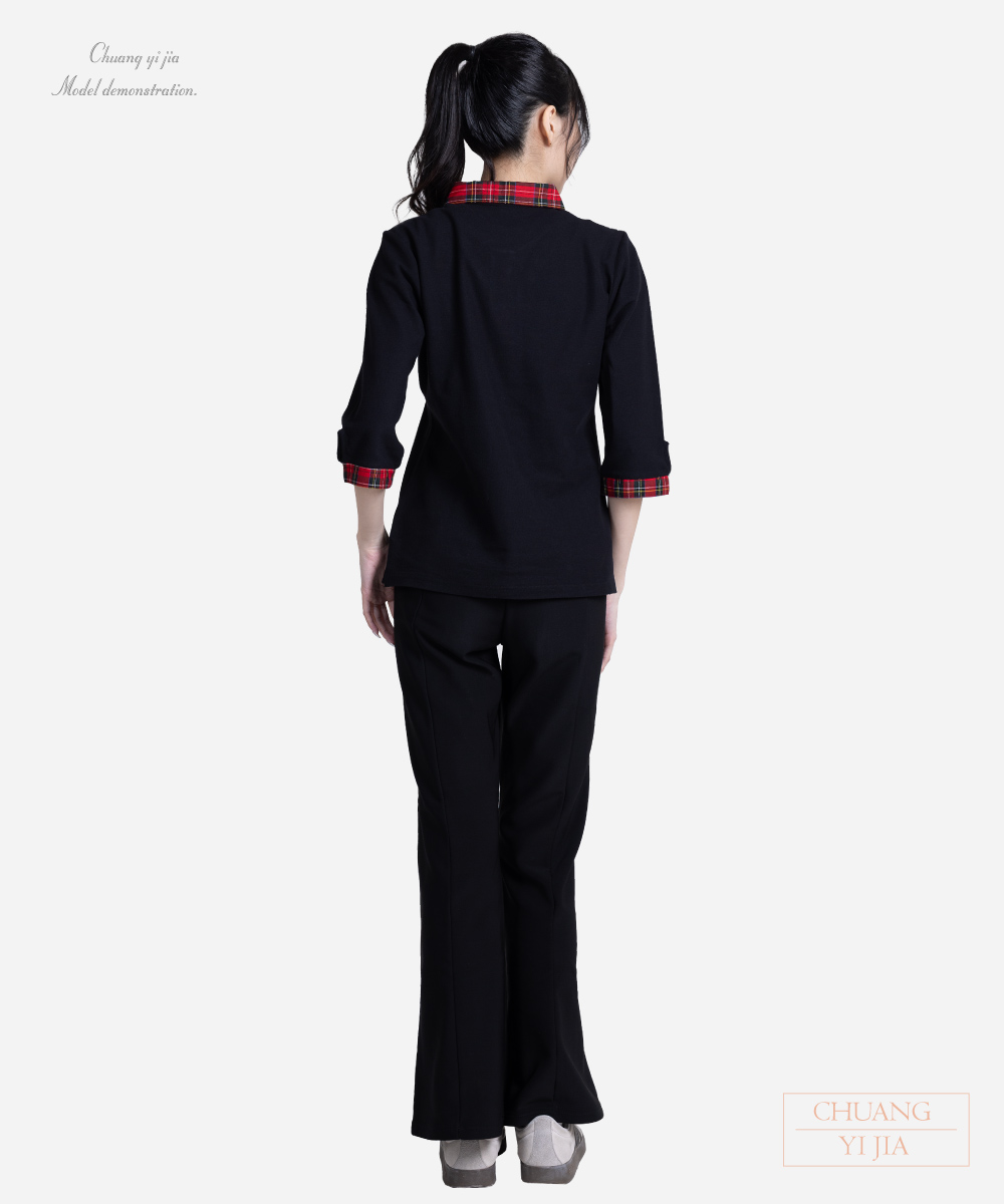 創e家團體服-POLO-訂製-腰身-七分袖-假兩件-黑配紅格紋 背面