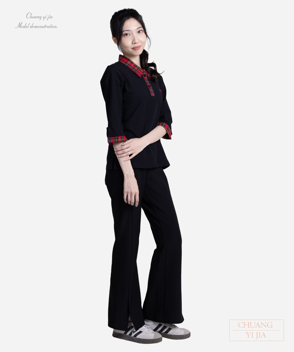 創e家團體服-POLO-訂製-腰身-七分袖-假兩件-黑配紅格紋 側面