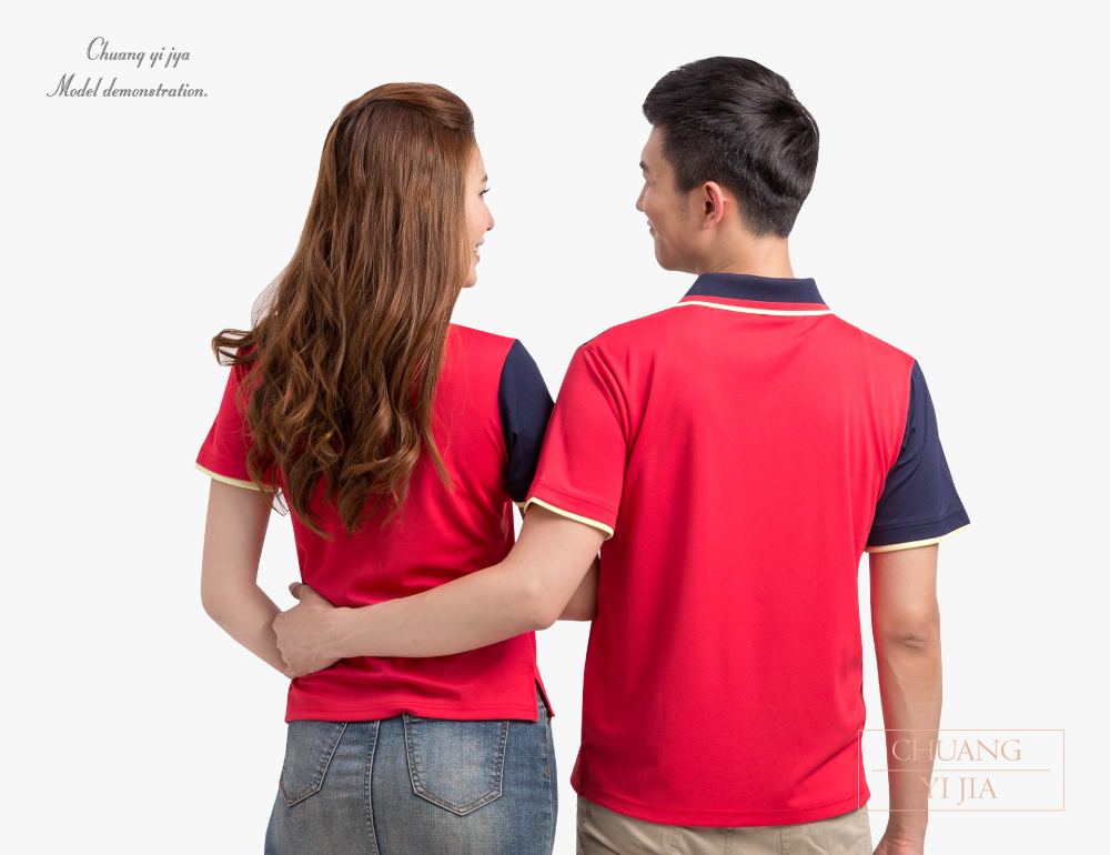 排汗POLO衫 短袖 吸引力快乾 中性 斜片剪接造型款 紅配丈青黃 創e家團體服