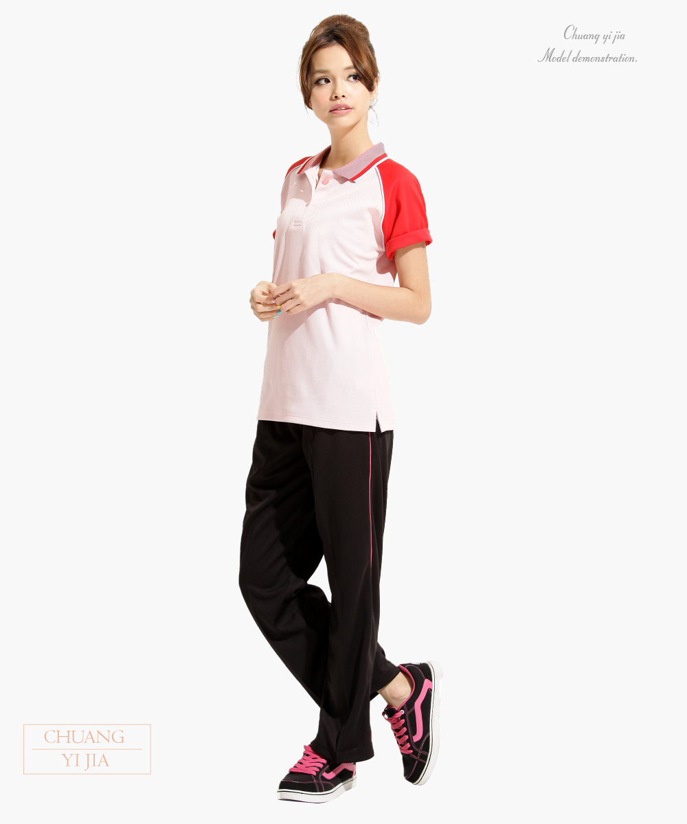 創e家團體服-排汗POLO衫 短斜袖 雙面排汗 腰身 特殊領粉紅配紅 側面