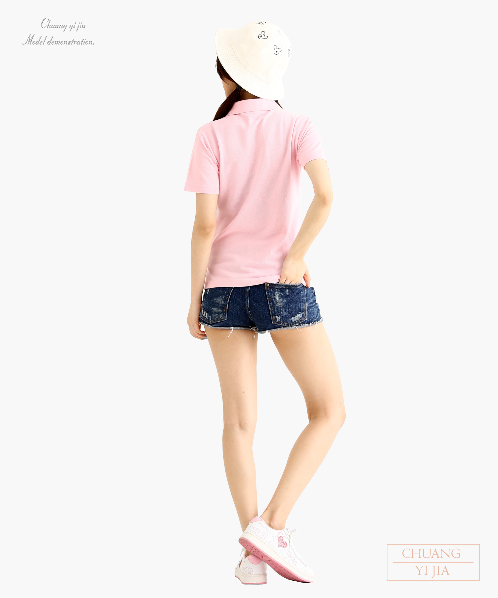 創e家團體服-網眼POLO衫短袖腰身-粉紅色 背面